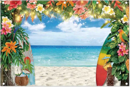 Miniatura 7 de Telón de fondo de fotografía de playa hawaiana de verano de 7 x 5 pies, flores tropicales, hojas de palma, fondo de tabla de surf, decoración