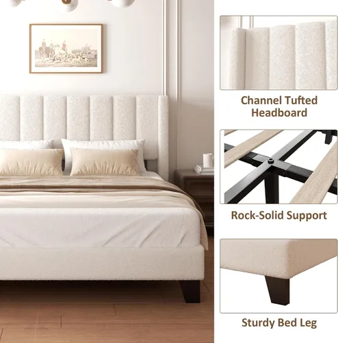 Miniatura 5 de Base de cama King con cabecero tapizado, base de cama con cabecera de terciopelo de peluche, soporte de listones de madera, diseño de borde de ala