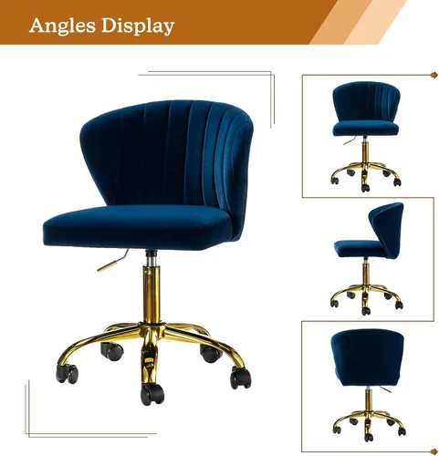 Miniatura 6 de TINA'S HOME Sillas de escritorio de oficina con ruedas y base dorada, moderna silla de oficina sin brazos de terciopelo linda, silla giratoria Azul