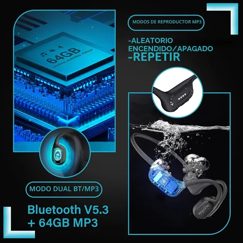 Miniatura 4 de Auriculares de natación con conducción ósea ELYXFUL, IP68 impermeables Bluetooth y reproductor MP3 de 64GB, auriculares de oreja abierta para nadar