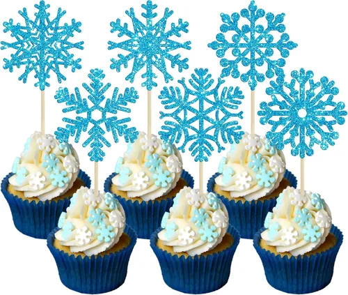 24 piezas de adornos para cupcakes de copo de nieve, copo de nieve azul con purpurina, adornos para cupcakes de invierno, adornos para pasteles de