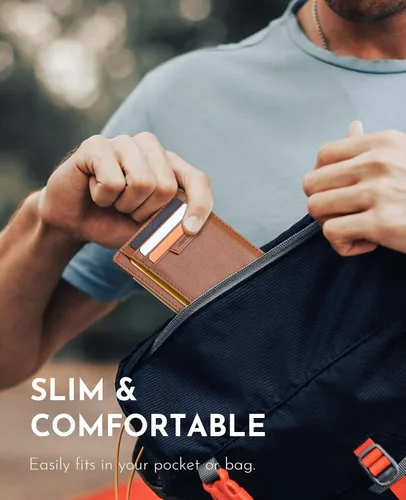 Miniatura 20 de Buffway Cartera delgada para hombres y mujeres, minimalista, pequeña, de cuero, con bolsillo frontal, con bloqueo RFID y caja de regalo, Bassa Mars