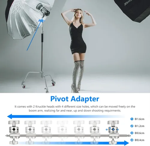 Miniatura 2 de NEEWER Pro Soporte en C de 100% metal con ruedas, soporte de luz con altura máxima de 330 cm/10.8 pies, soporte de reflector ajustable con brazo