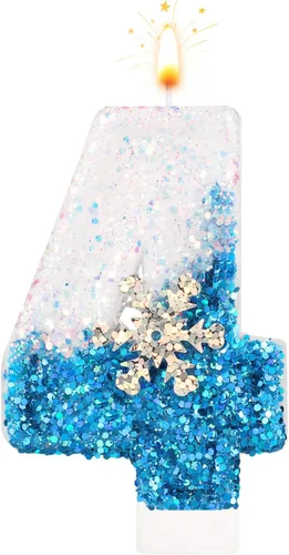 Miniatura 9 de Velas de cumpleaños del 0 al 9, velas de números con purpurina de copo de nieve, decoración de pasteles blancos y azules para niños y adultos