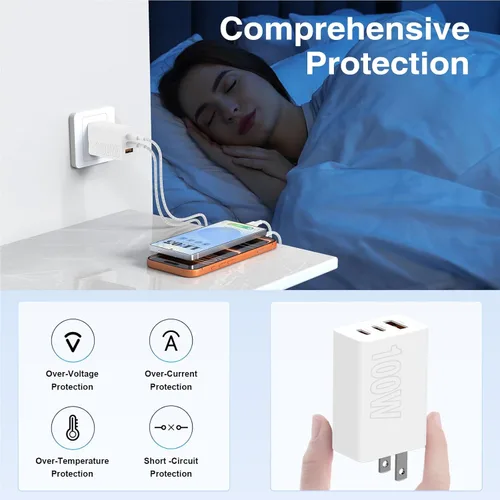 Miniatura 6 de USB C de carga súper rápida de 65 W para iPhone 17 16 Pro Max, bloque de carga USB C de 3 puertos de 100 W PD y cable trenzado tipo C de 3/6/6/10