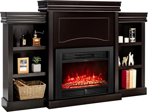 Tangkula Chimenea de mantel de 70 pulgadas, chimenea eléctrica de 750 W/1500 W con repisa y estanterías integradas, chimenea de 28.5 pulgadas con