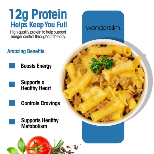 Miniatura 2 de WonderSlim Pasta de Proteína, Macarrones con Queso y Filete, 140 Calorías, 12g de Proteína (7 unidades)