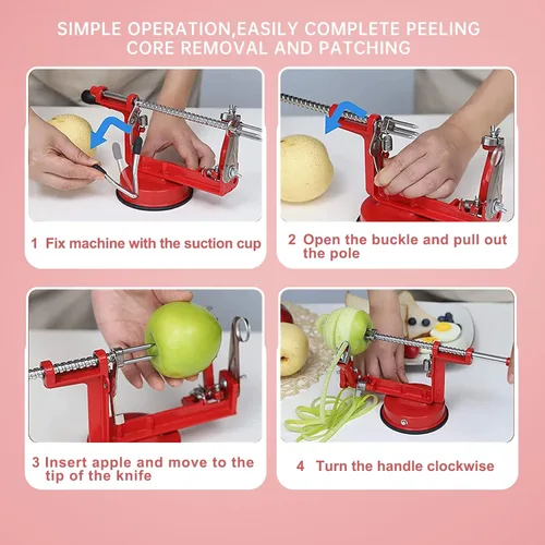 Miniatura 6 de Pelador de manzanas, cortador de patatas 3 en 1, acero inoxidable resistente con base de ventosa (rojo)