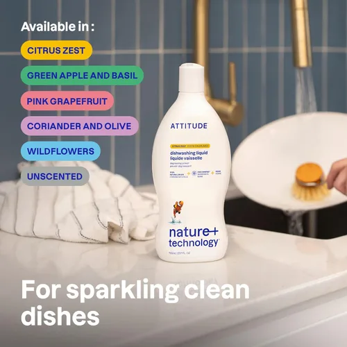 Miniatura 2 de ATTITUDE Jabón para platos, verificado por EWG, líquido para lavar platos a base de plantas y vegano, derivado de forma natural, ralladura