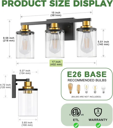 Miniatura 6 de DORESshop Lámparas de baño, 3 luces negras y doradas para baño sobre espejo con pantalla de vidrio transparente, luces de tocador para baño, Negro