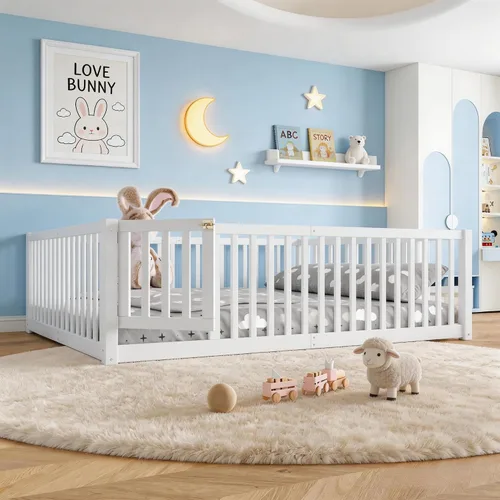 Miniatura 23 de Bellemave Cama de suelo Queen para niños, marco de cama Montessori con barandillas y puerta en forma de valla, cama Queen de madera para niños, Gris
