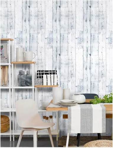 Miniatura 2 de HAOKHOME Papel Tapiz de Madera Despegar y Pegar Shiplap Gris Claro/Blanco/Azul Tablón de Madera Desgastada Removible Forro de Estante Papel