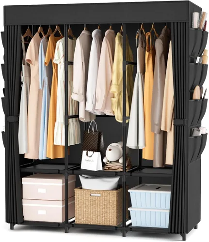 Miniatura 11 de Armario portátil para colgar ropa, armario portátil con tapa, 4 estantes de almacenamiento, 2 varillas para colgar y 8 bolsillos laterales, fácil