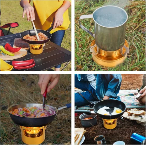 Miniatura 7 de Mini estufa de alcohol 2 en 1 para acampar, quemador de alcohol portátil con soporte cruzado de acero inoxidable, bolsa de almacenamiento, pequeña