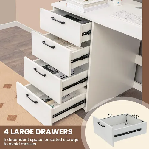 Miniatura 6 de Giantex Escritorio blanco para computadora con 4 cajones grandes, escritorio para computadora portátil para oficina en casa, mesa de escritura