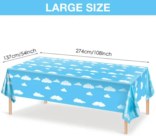 Miniatura 2 de Tatuo Mantel de historias de dibujos animados con nubes blancas y cielo azul para decoración de cumpleaños, 54 x 108 pulgadas (2 piezas)