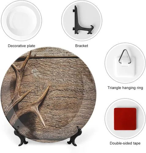 Miniatura 3 de XISUNYA Plato decorativo de 6 pulgadas, plato de cena con cuernos de ciervo en mesa de madera, impresión rústica de temporada de caza, cerámica