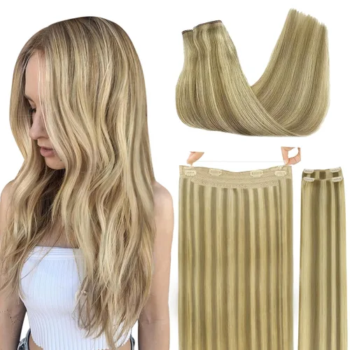 Miniatura 25 de GOO GOO Extensiones de Cabello Humano con Alambre, 18A/613A Rubio Oscuro mezclado con Rubio Decolorado Resaltado 18 pulgadas 95g, Extensiones