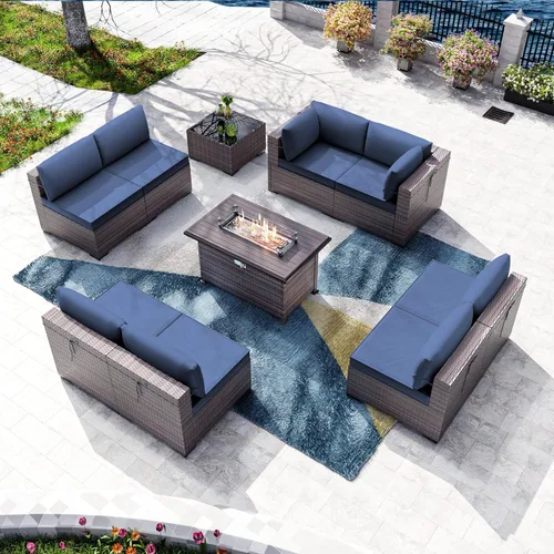Miniatura 55 de Kullavik Juego de 13 muebles de patio al aire libre con mesa de fogata de gas propano de 43 pulgadas, 55000 BTU, mimbre de polietileno, sofá Arena