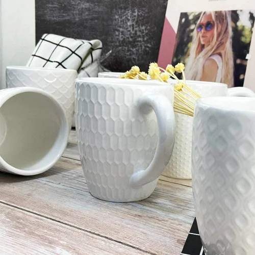 Miniatura 5 de Schliersee Juego de 6 tazas de café de cerámica blanca de 12 onzas, elegantes tazas de café en relieve para café, té, leche, cacao, cereales Tazas