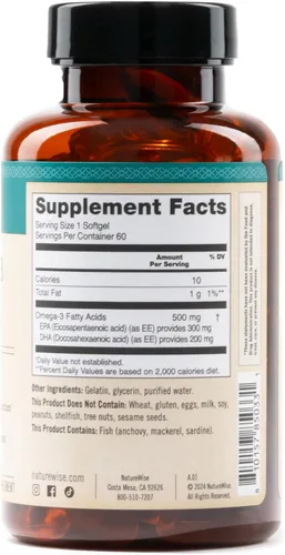 Miniatura 11 de NatureWise Aceite de pescado Omega 3, 500 mg de Omega 3 por porción, 300 mg de EPA y 200 mg de DHA, de origen sostenible para pureza, sabor a limón