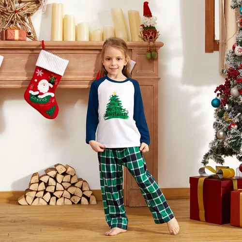 Miniatura 4 de IFFEI Conjunto de pijamas familiares de Navidad, camiseta con estampado de letras y pantalones a cuadros, con bolsillos