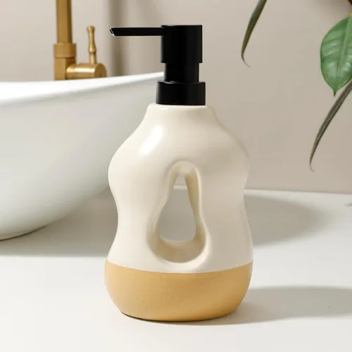 Miniatura 9 de BosilunLife Juego de 4 accesorios de baño de cerámica, dispensador de jabón hueco ondulado y artículos esenciales de tocador, beige de dos tonos