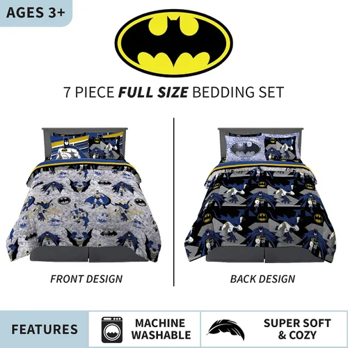 Miniatura 3 de Franco - Juego de ropa de cama para niños, edredón y sábanas supersuaves con funda, 7 piezas, tamaño matrimonial, Batman