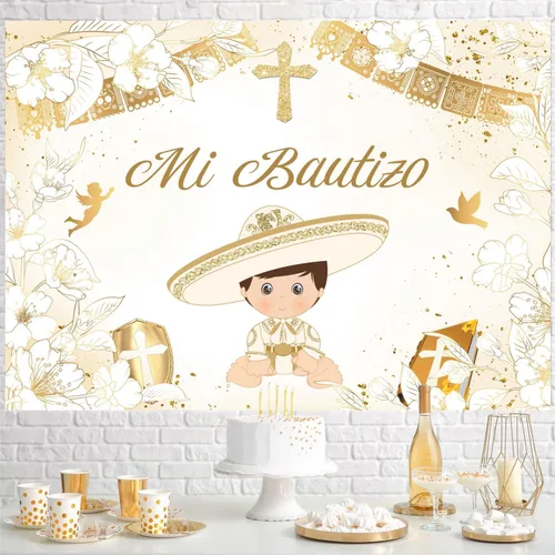Miniatura 3 de Withu Telón de fondo dorado Mi Bautizo para niño, paloma, Santa Biblia, Cruz, Primera Comunión, sesión de fotos para niños, ceremonia cristiana