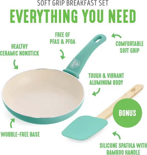 Miniatura 3 de GreenLife Soft Grip - Juego de utensilios de cocina de cerámica antiadherente sin PFAS de 8 pulgadas, espátula de silicona con mango de bambú