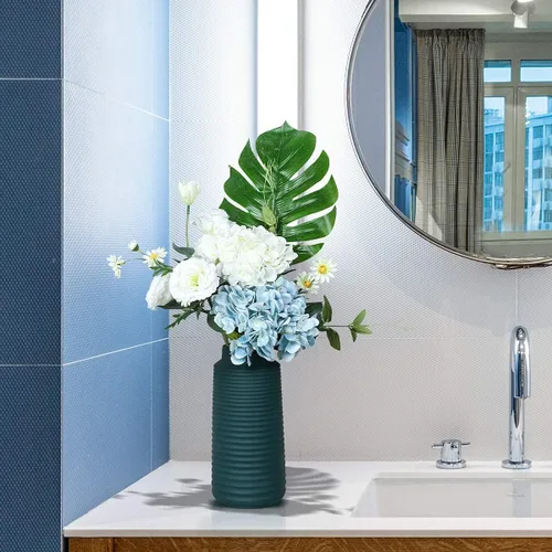 Miniatura 5 de Kisflower Flores artificiales de hortensias azules, 6 unidades, flores falsas para centro de mesa, flores de hortensias de seda azul con tallos
