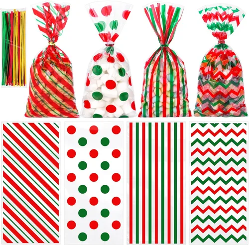 Miniatura 9 de Aneco Paquete de 100 bolsas de celofán arcoíris de 10.6 x 5.1 pulgadas, bolsas de plástico para dulces, bolsas de regalo, bolsas de regalo con lazos