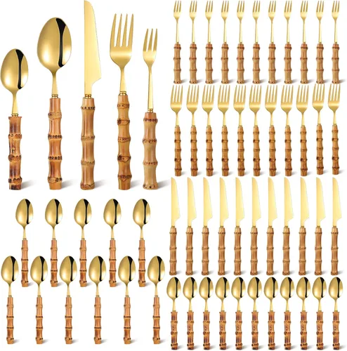 Miniatura 8 de Eboot Juego de cubiertos de bambú 18/8 de acero inoxidable, juego de vajilla natural, juego de utensilios de cocina, cubiertos con mango de bambú
