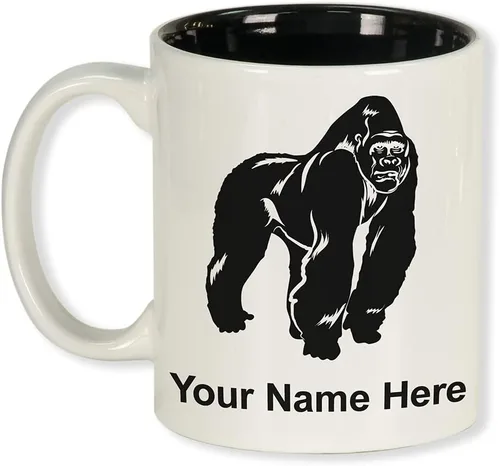 LaserGram Taza de café redonda de cerámica de 11 oz, gorila, grabado personalizado incluido (blanco)