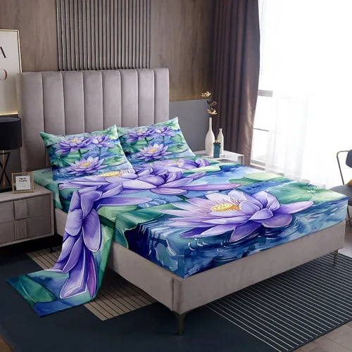 Miniatura 3 de Manfei Juego de sábanas de flor de loto morado, tamaño individual, juego de ropa de cama bohemio con libélula para niños, niñas y adultos, juego