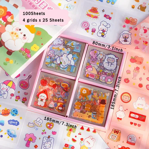 Miniatura 3 de Calcomanías de caricaturas Kawaii con diseño de oso de conejo, 800 piezas/100 hojas de PVC transparente, kit de calcomanías de conejito para álbumes