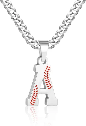 Miniatura 11 de Avotto Collar de béisbol con letra inicial de la A a la Z para niños y hombres, cadena cubana de acero inoxidable resistente que no se decolora
