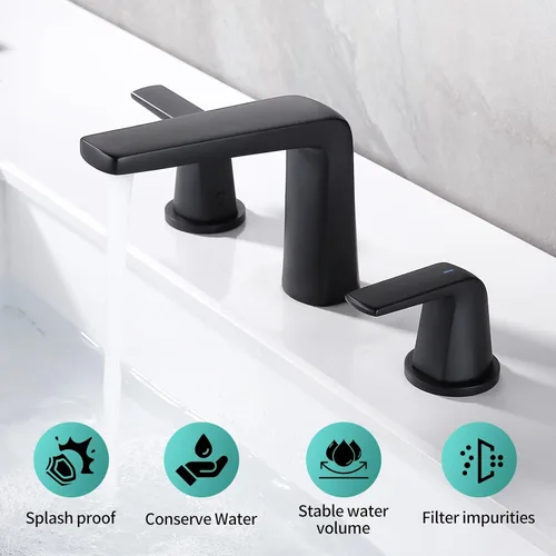 Miniatura 2 de Grifo de baño extendido de 8 pulgadas con 2 manijas, 3 orificios, con ensamblaje de desagüe emergente y líneas de suministro de agua (Negro)