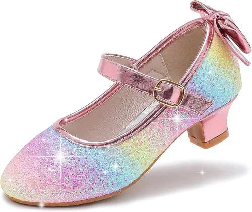 Dufannie Zapatos de vestir para niñas, zapatos de tacón bajo de princesa, zapatos planos con purpurina para bodas y fiestas