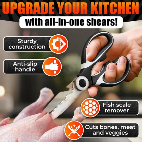 Miniatura 4 de 2 piezas de tijeras de cocina resistentes para alimentos – Tijeras de cocina de acero inoxidable 5 en 1 con abridor de botellas, mangos