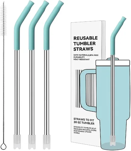Miniatura 63 de Pajitas de metal rectas para vaso Stanley de 40 onzas, paquete de 3 popotes reutilizables de acero inoxidable con puntas de silicona y cepillo Gris