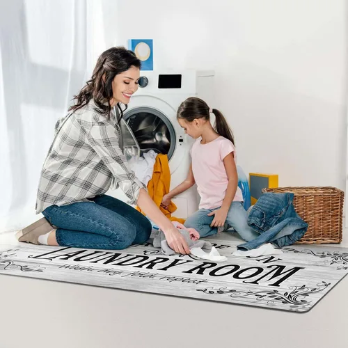 Miniatura 5 de Lansny Alfombra de lavandería de 20 x 60 pulgadas, antideslizante, impermeable, para decoración de cuarto de servicio, lavable, alfombra de Gris