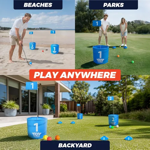 Miniatura 5 de TOY Life Juego de cubo de golf, juego de golf de 3 agujeros para adultos, familia y niños, campo de golf portátil con pelotas y bandera, juego