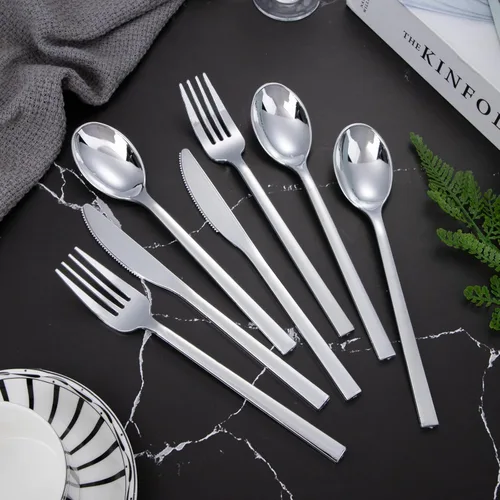 Miniatura 4 de DaYammi 150 cubiertos de plástico plateado, cubiertos desechables plateados resistentes que incluyen: 50 tenedores de plástico, 50 cucharas