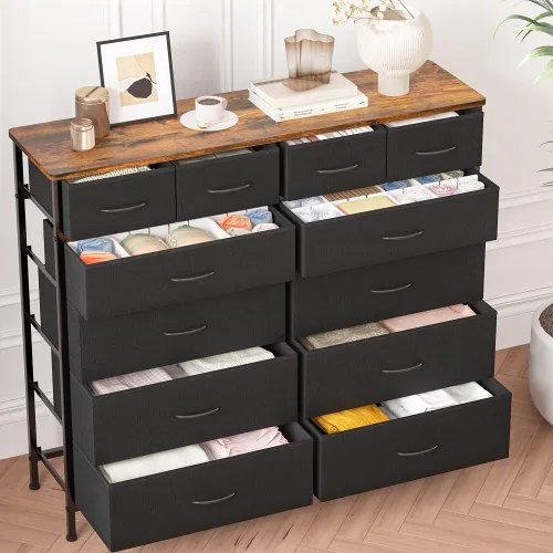 Miniatura 7 de VASICAR Cómoda grande para dormitorio con 12 cajones profundos, cómoda de tela alta, cómoda para armario, guardería, sala de estar, lavandería, Negro