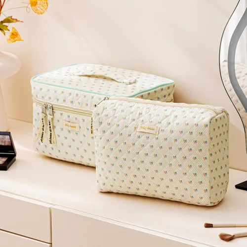 Miniatura 4 de HBselect Bolsa de maquillaje acolchada, 3 piezas de algodón grande, bolsa de maquillaje de viaje, bonita bolsa de maquillaje floral de coqueta