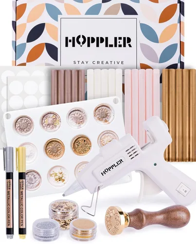 Kit de Sellado de Cera Premium Hoppler con Pistola de Sellado, Varillas de Cera, un Sello de Flor, Molde de Silicona de 12 Cavidades, y Adiciones 1