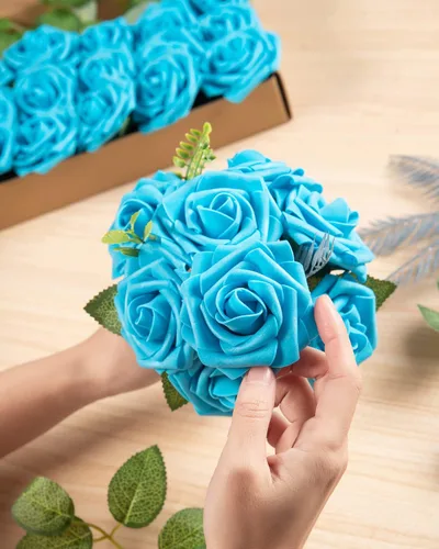 Miniatura 5 de DuHouse 25 rosas artificiales con tallos, flores de espuma de tacto real para bricolaje, ramo de boda, fiesta, centro de mesa, arreglo floral, Azul