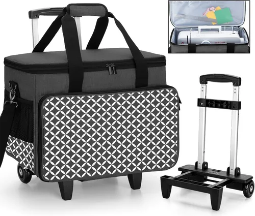 Miniatura 10 de Yarwo Funda de transporte mejorada para máquina de coser con ruedas, bolsa de mano desmontable con tabla inferior extraíble y pata de remolque Morado