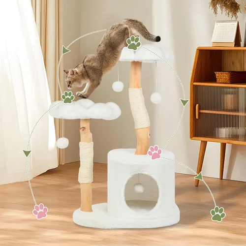 Miniatura 6 de Bonita torre de árbol para gatos de interior y adultos, árboles de madera con 6 pompones, moderna torre de árbol para gatos con poste rascador